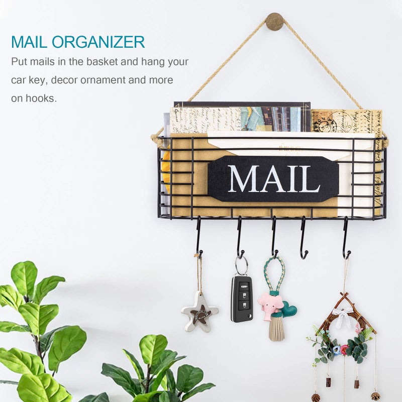SRIWATANA Rustic Mail Key Holder, Mail Organizer Wall Mount with 5 Hooks Large, Black - Image 2